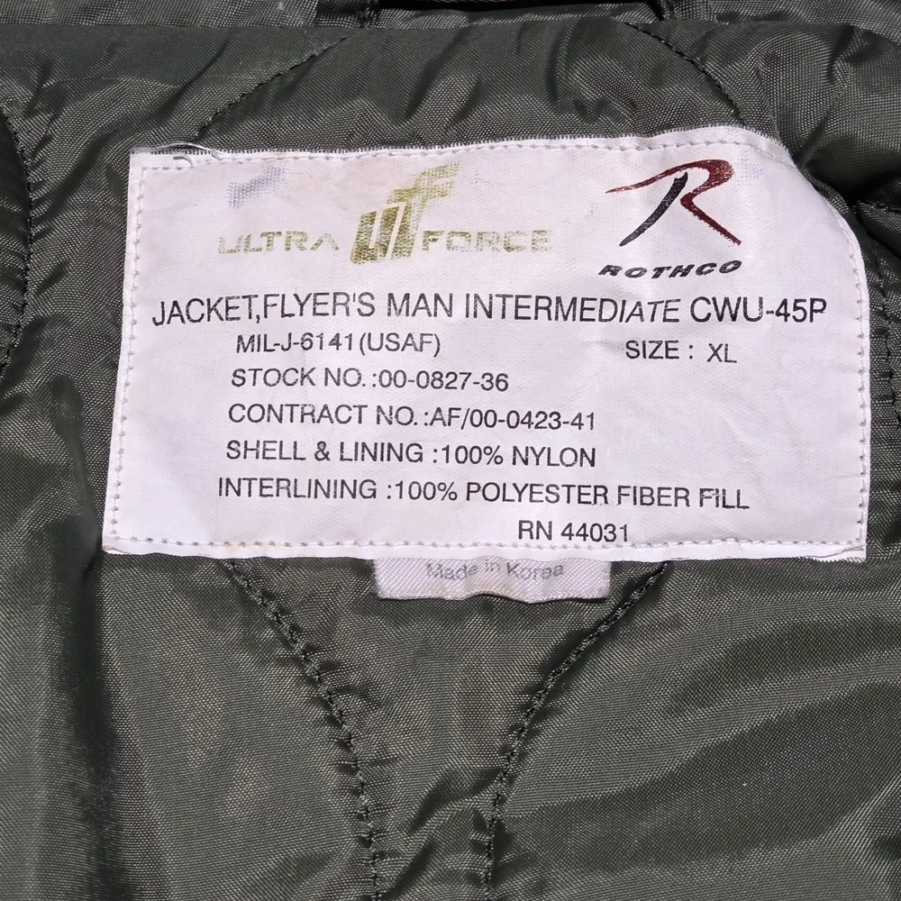 Rothco Green Ultra Force‎ Jacket CWU-45P Mens XL Nylon Pilot Bomber USAF Flight